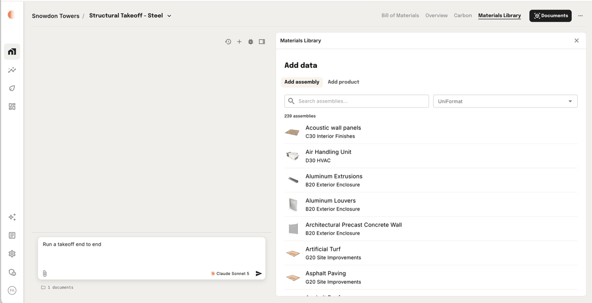 Materials Library tab open, showing the Add data panel with Add assembly and Add product