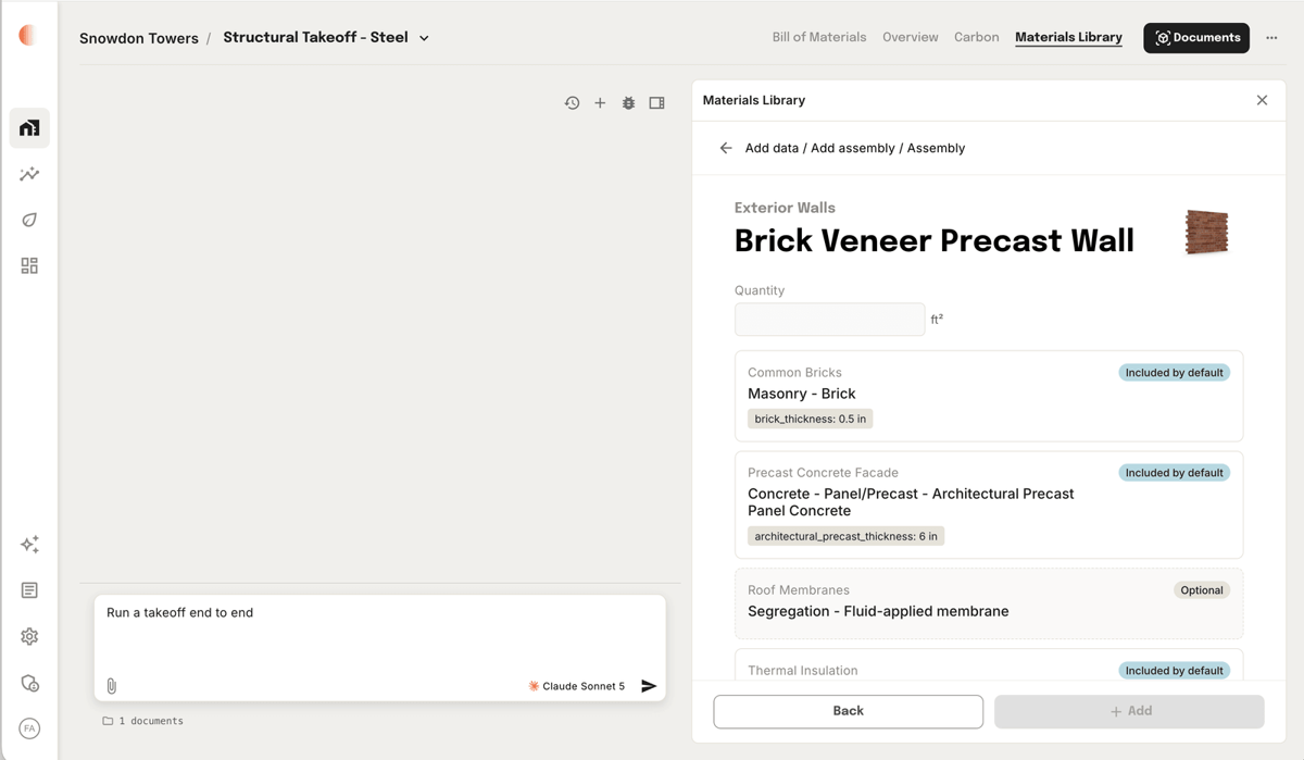 Assembly detail showing the quantity field and each material layer marked included by default or optional
