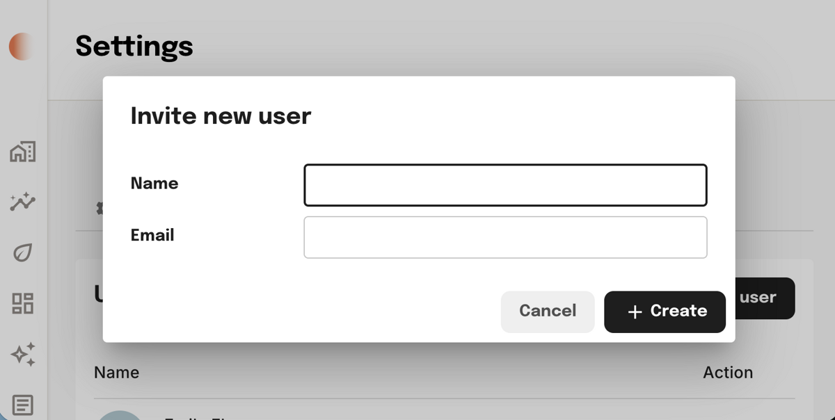 Invite new user dialog with Name and Email fields