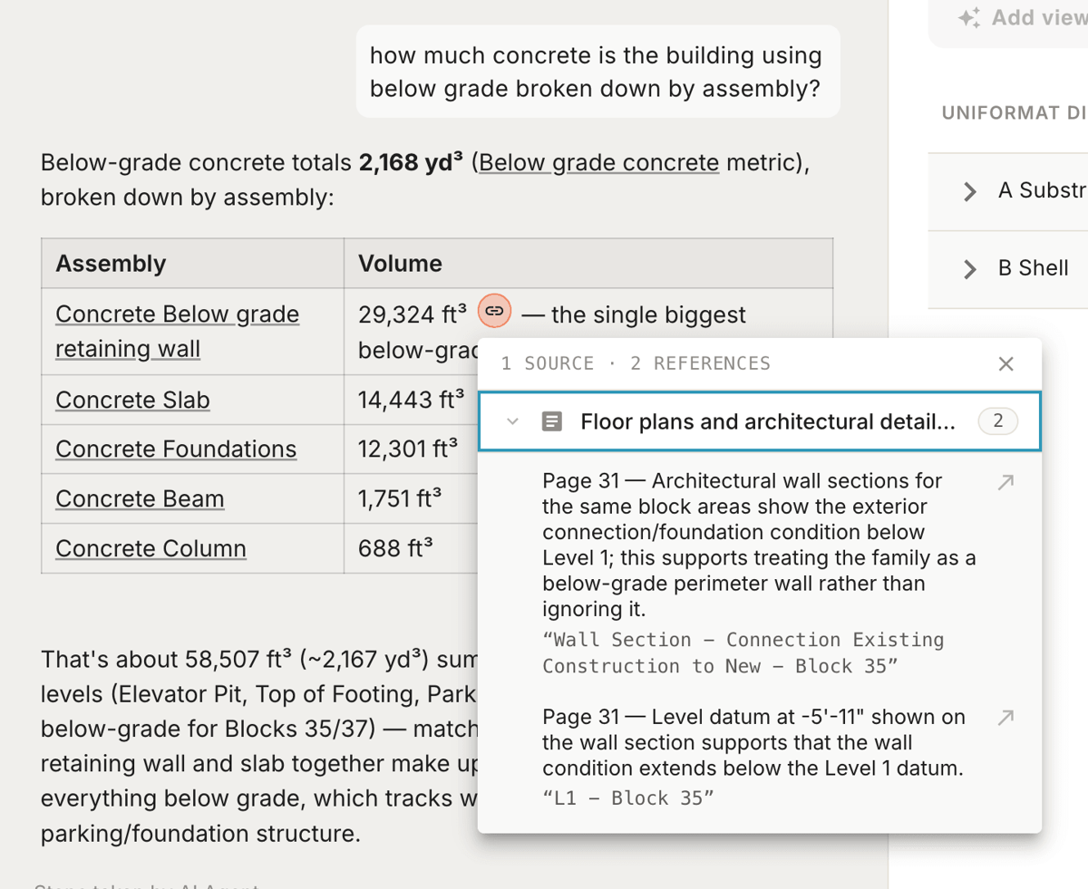 An agent answer with a citation opened, showing the source document and the pages behind the number
