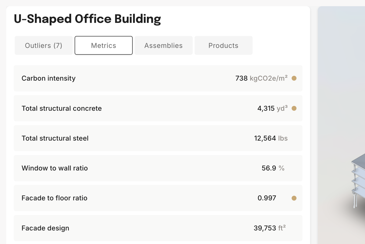 Metrics tab showing carbon intensity, structural concrete, structural steel, window-to-wall ratio, and facade-to-floor ratio