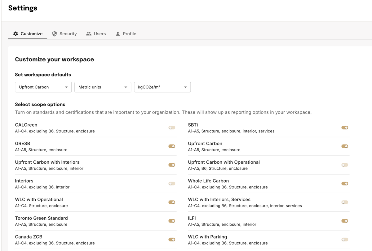 Workspace settings showing default scope, units, and reporting scope toggles for standards like GRESB, SBTi, Whole Life Carbon, and ILFI