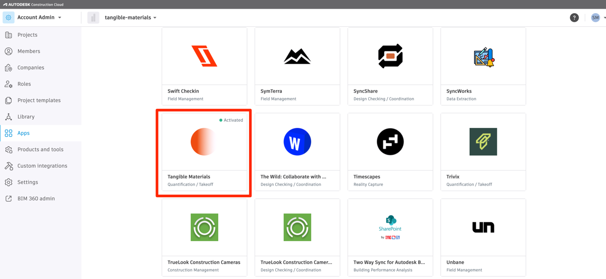 ACC Account Admin Apps page with Tangible Materials app activated