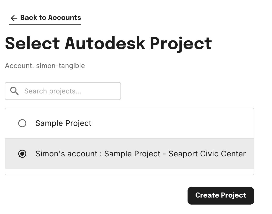 Select Autodesk Project dialog showing available ACC projects