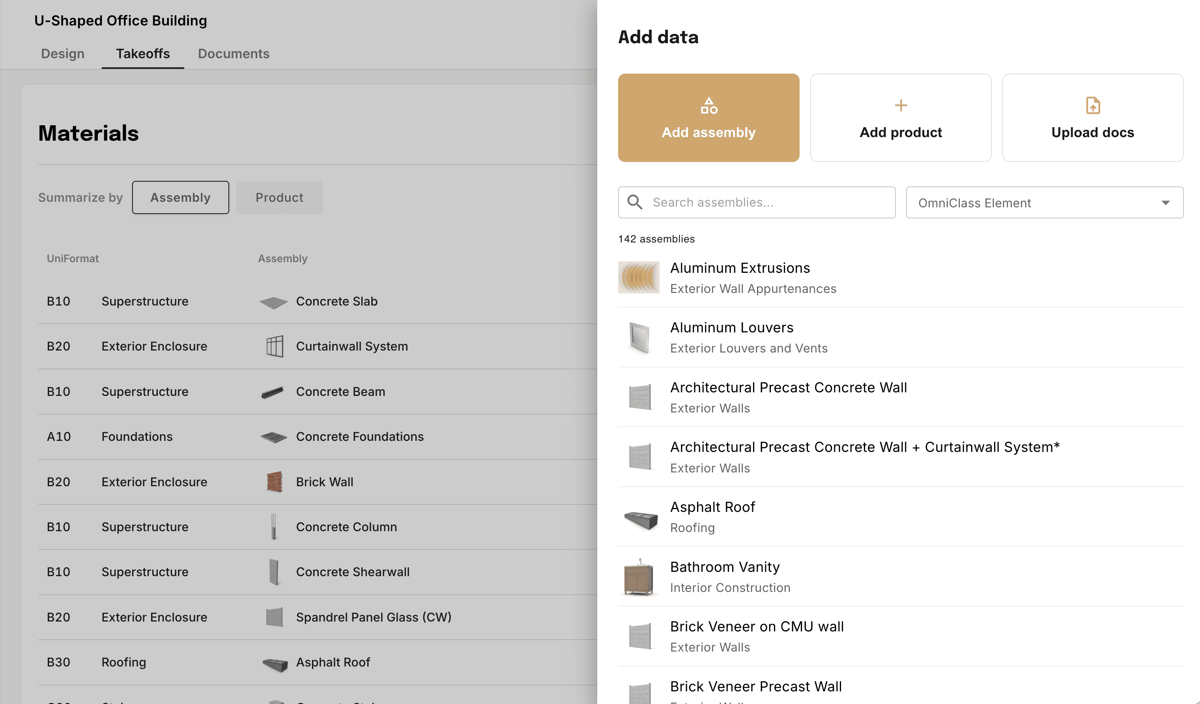 Add data panel showing Add assembly and Add product options with a searchable list of assemblies