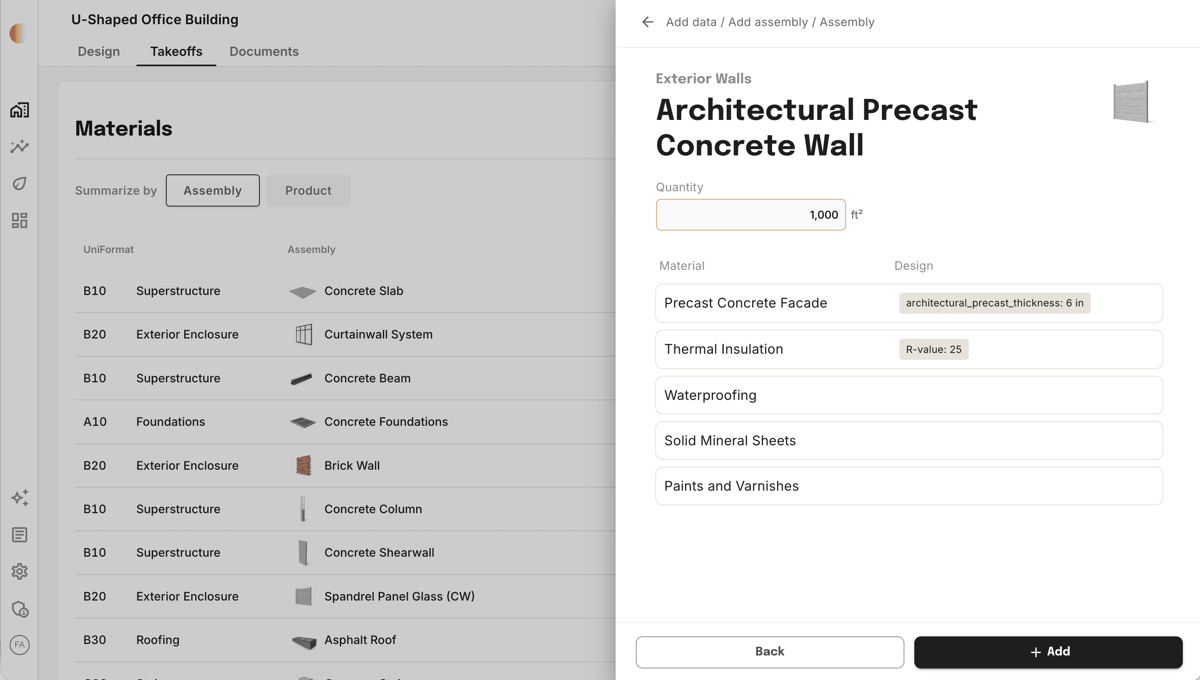 Assembly detail panel showing quantity input, material layers, and the Add button