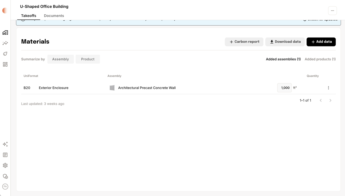 Added assemblies tab showing the newly added Architectural Precast Concrete Wall with quantity and action menu