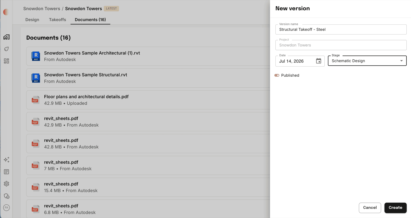 New version form with name, date, stage, and published toggle
