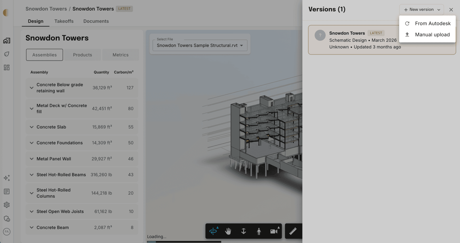 Versions panel with the New Version menu showing From Autodesk and Manual upload