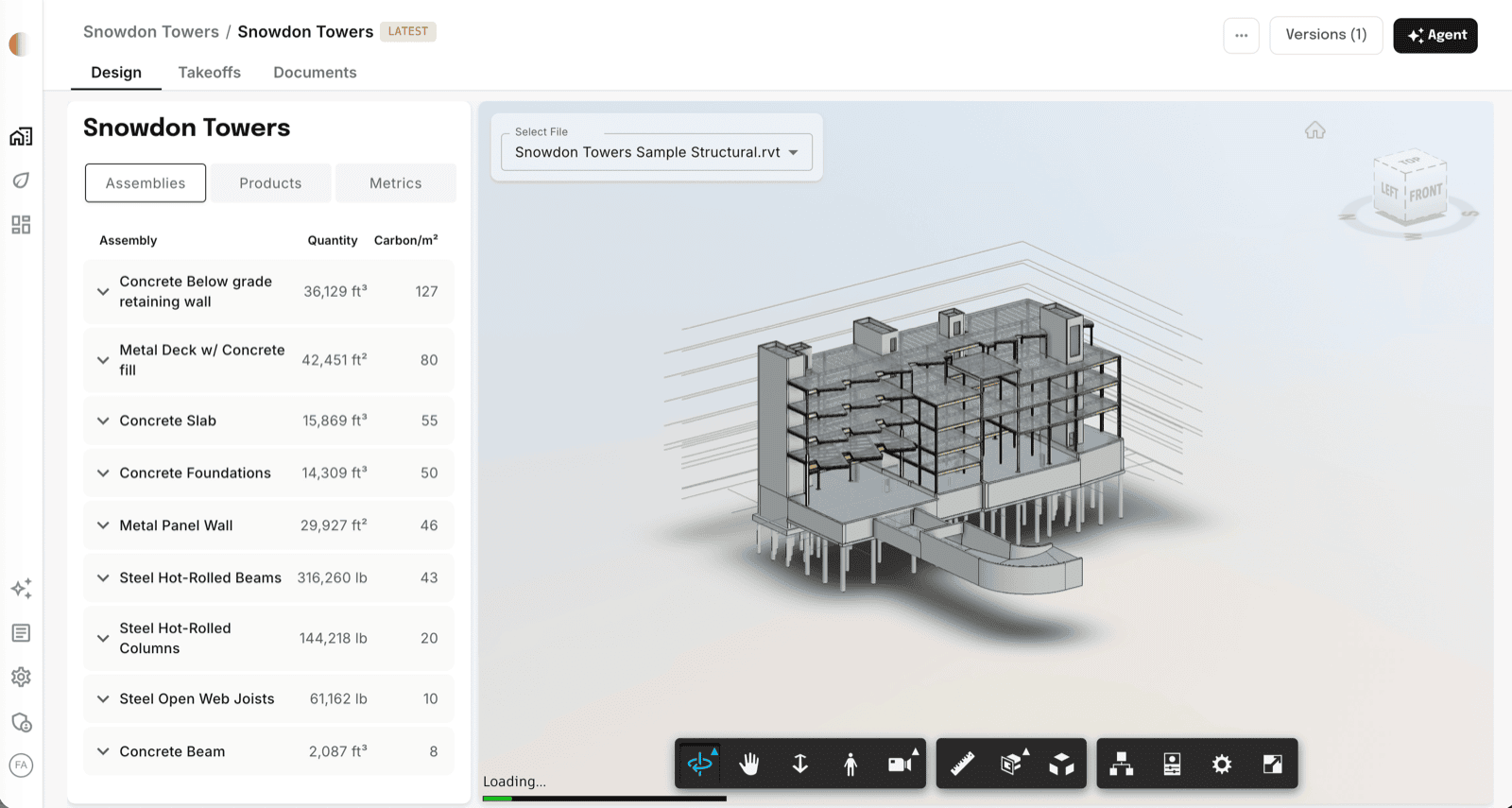 Project view with the Agent and Versions controls in the upper right