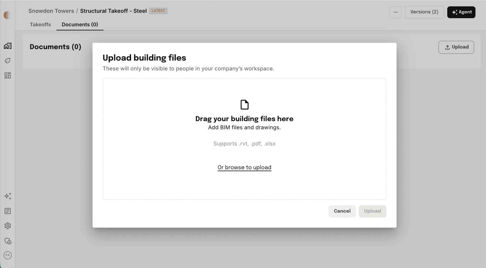 Upload building files dialog listing supported .rvt, .pdf, and .xlsx types
